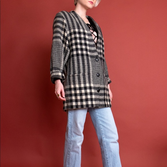 Vintage 80s black white plaid striped wool blazer - Picture 5 of 7